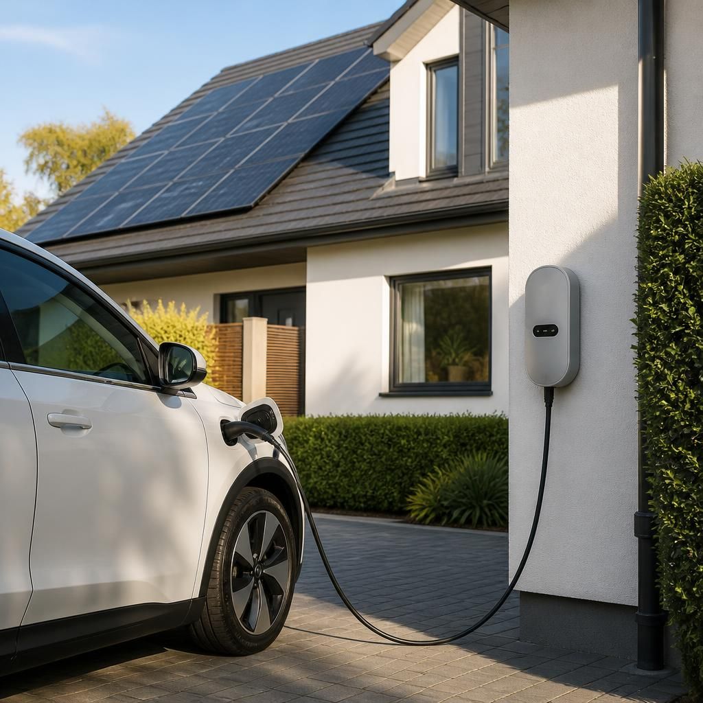 Electric vehicle parked beside a home with rooftop solar panels and a wall-mounted charger