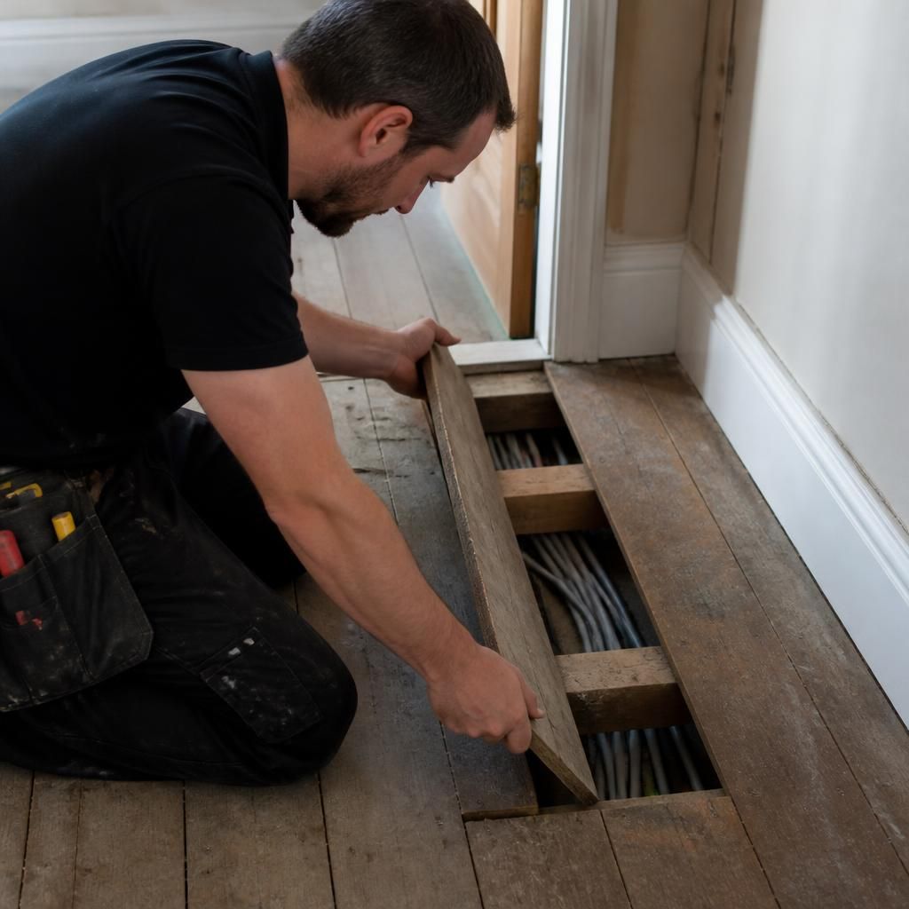 Electrician lifting a floorboard to access household wiring during a rewire