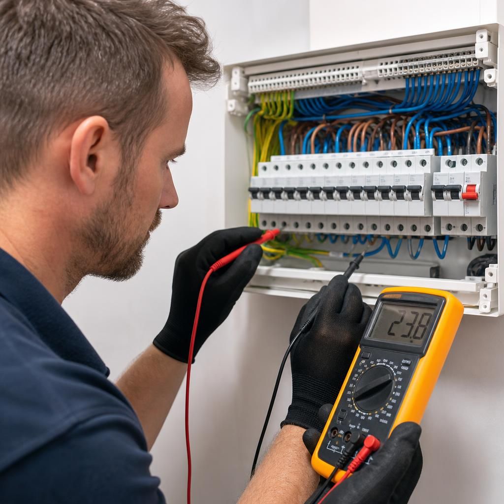 Electrician testing a consumer unit with a multimeter