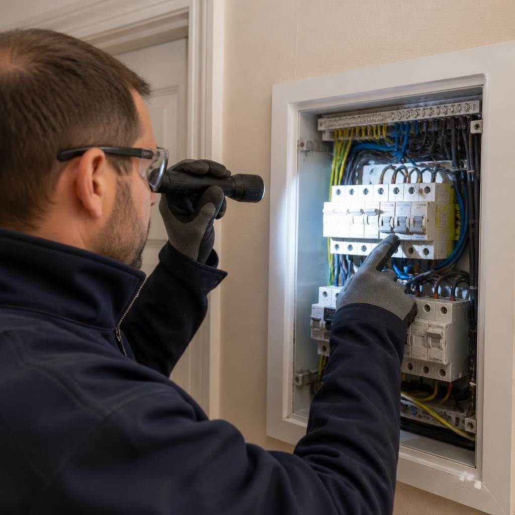 Electrician inspecting a consumer unit with a torch and protective equipment