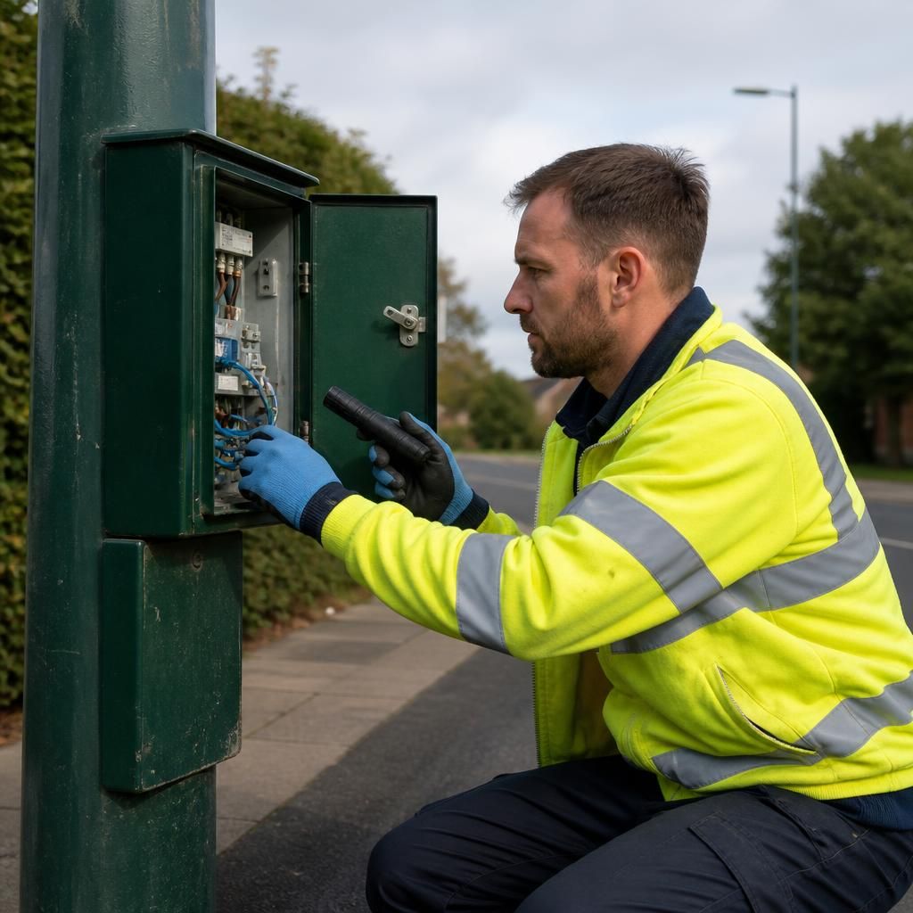 Electrician examining a street lighting column control panel during an inspection