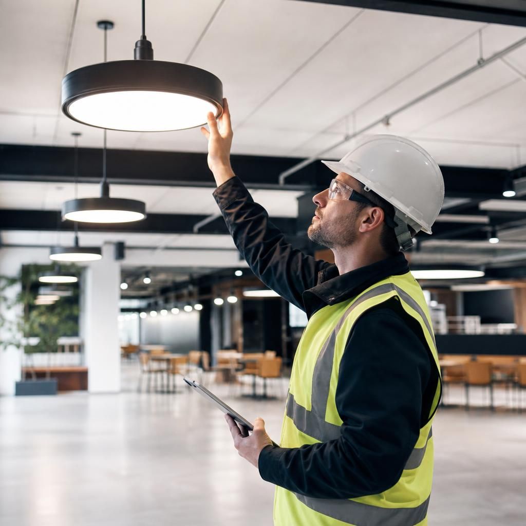 Electrician checking commercial lighting installation details
