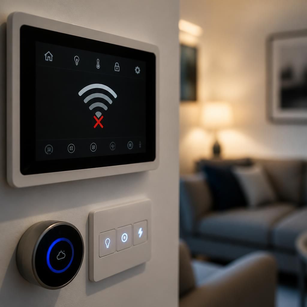 Smart-home hub and connected controls showing a lost network connection