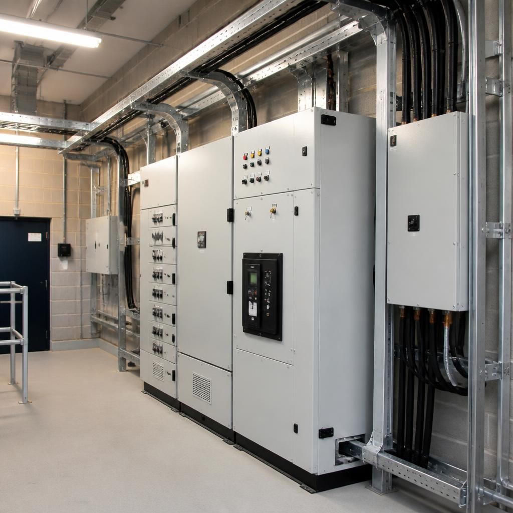 Completed industrial electrical installation with three-phase distribution panels