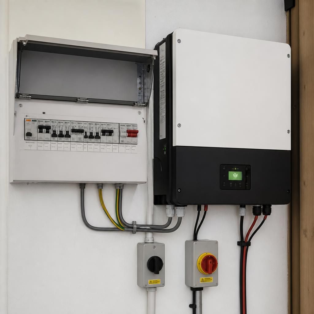 Solar inverter connected beside an existing consumer unit in a domestic electrical installation