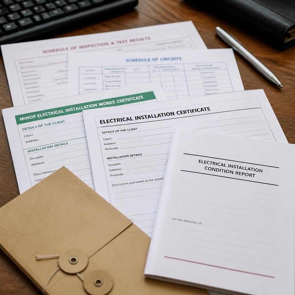 Electrical certificates, test schedules and inspection reports arranged on a desk