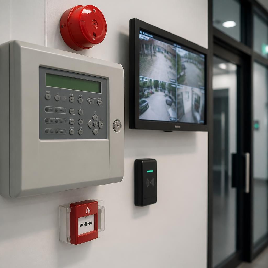 Commercial fire alarm panel, CCTV monitor and access control reader in a business premises