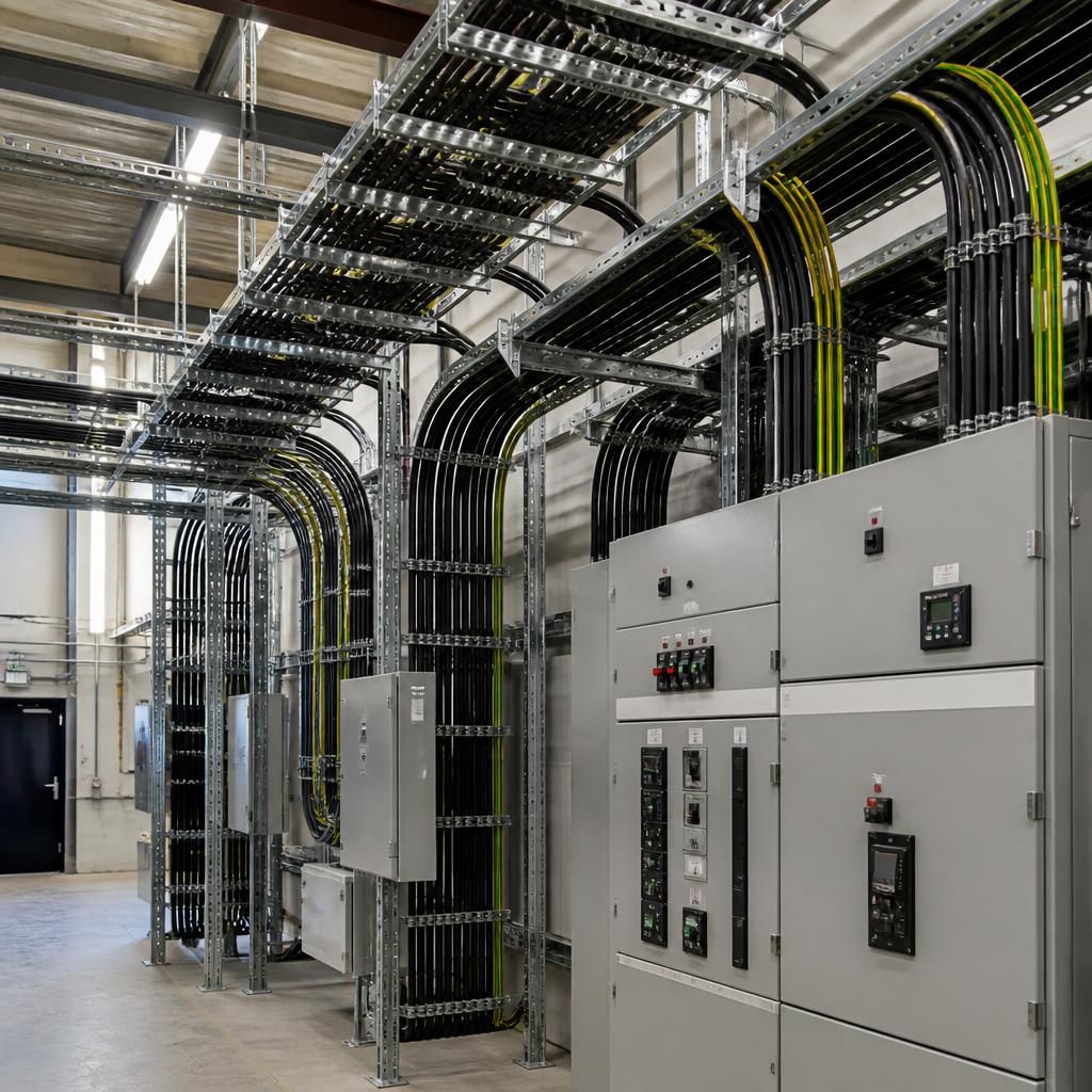Industrial electrical cable routes and distribution equipment in a commercial facility