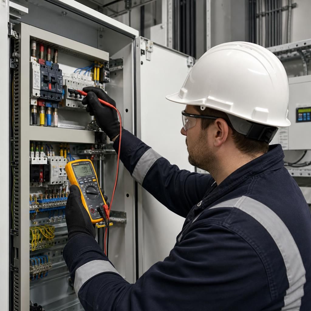 Electrician testing an industrial electrical installation