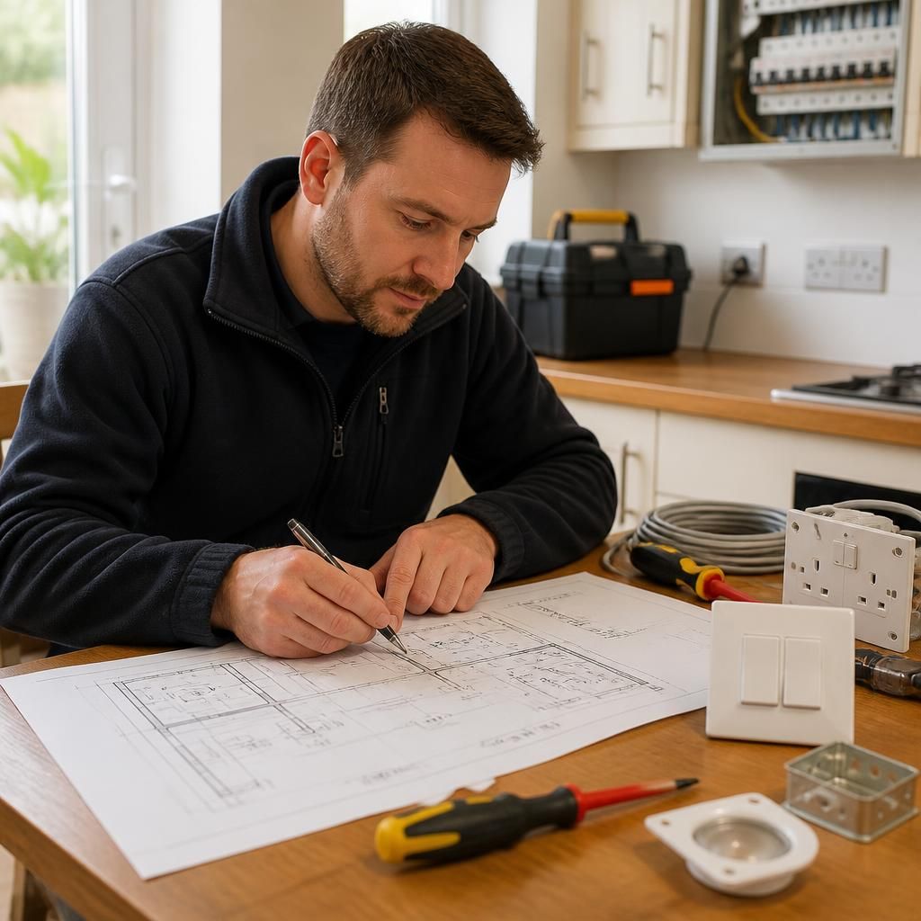 Electrician reviewing a lighting plan beside switch and socket layouts