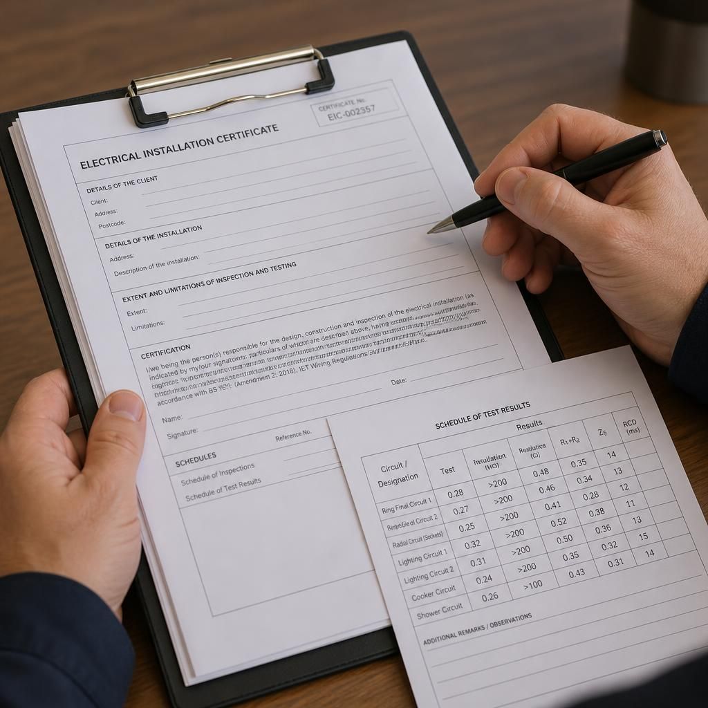 Electrical installation certificate and test results schedule on a clipboard