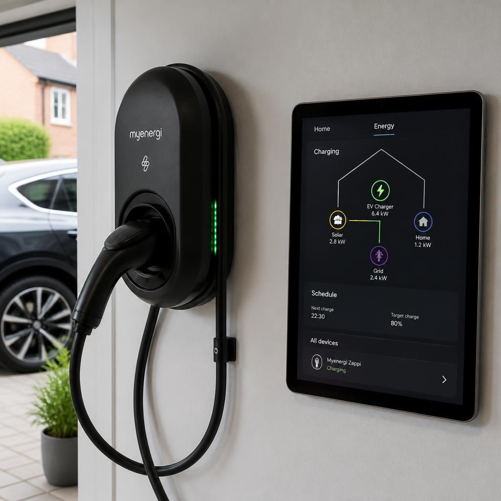 Wall-mounted EV charger beside a home energy control tablet