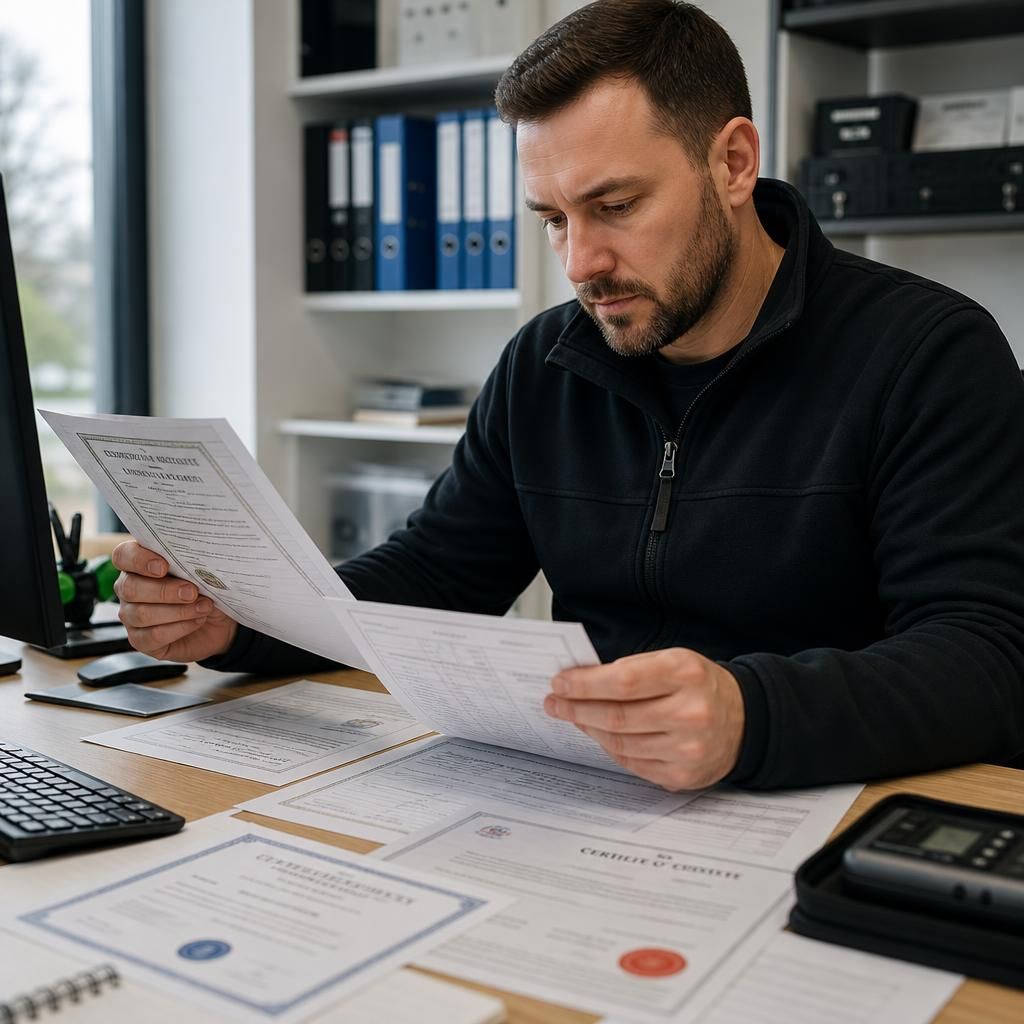 Electrician reviewing qualification certificates and commercial electrical inspection records at a desk