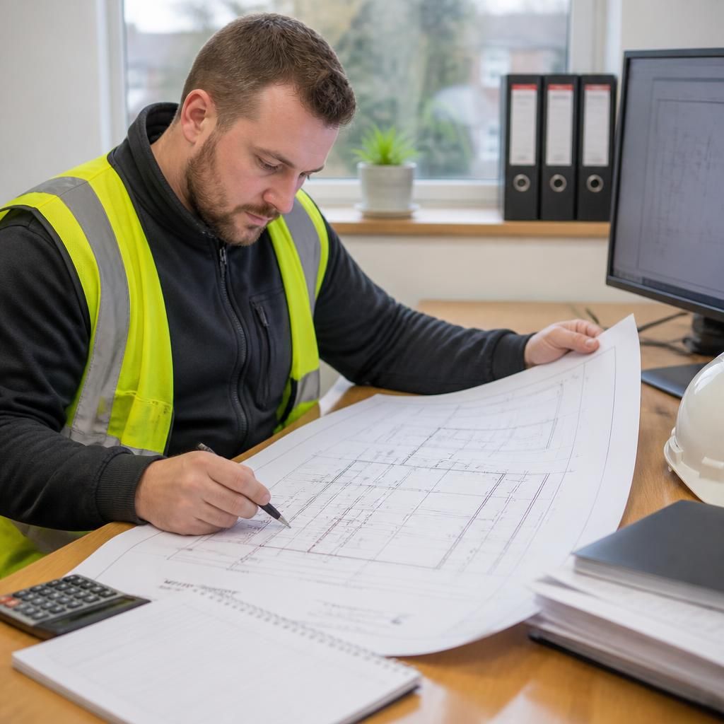 Electrician reviewing commercial building plans and electrical drawings at a desk