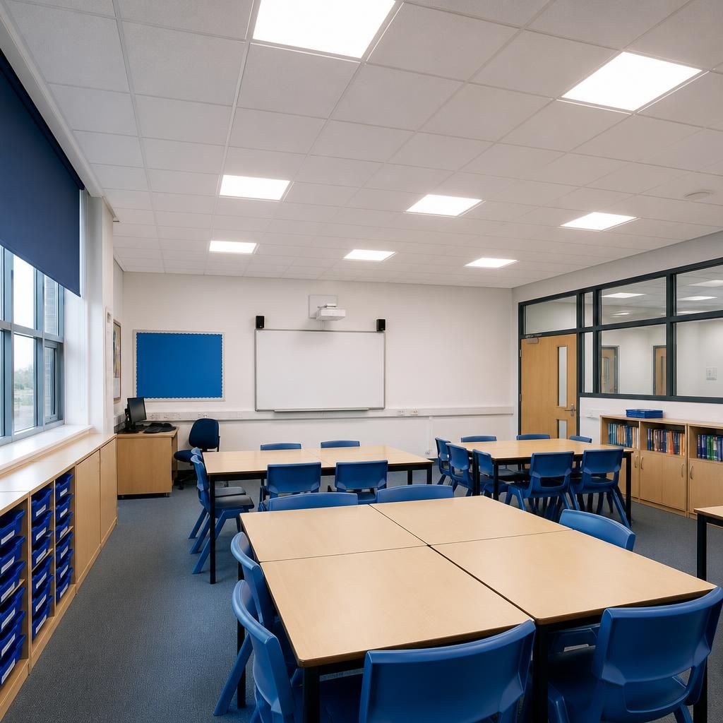LED lighting installed across a classroom and teaching area