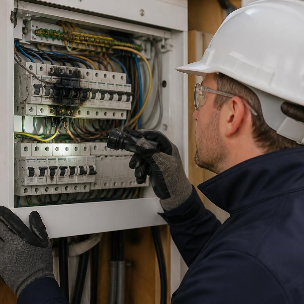 Electrician inspecting a damaged consumer unit with protective equipment