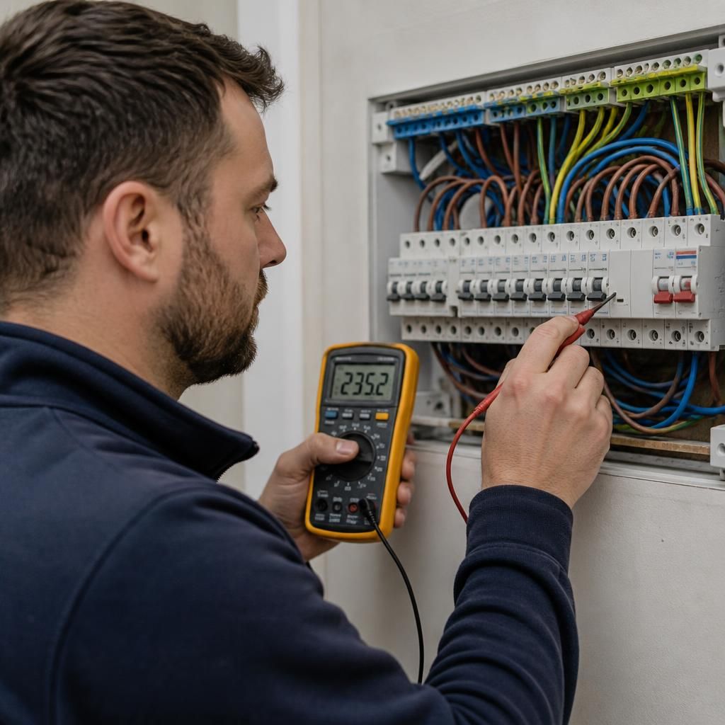 Electrician testing electrical connections at a consumer unit with a multimeter