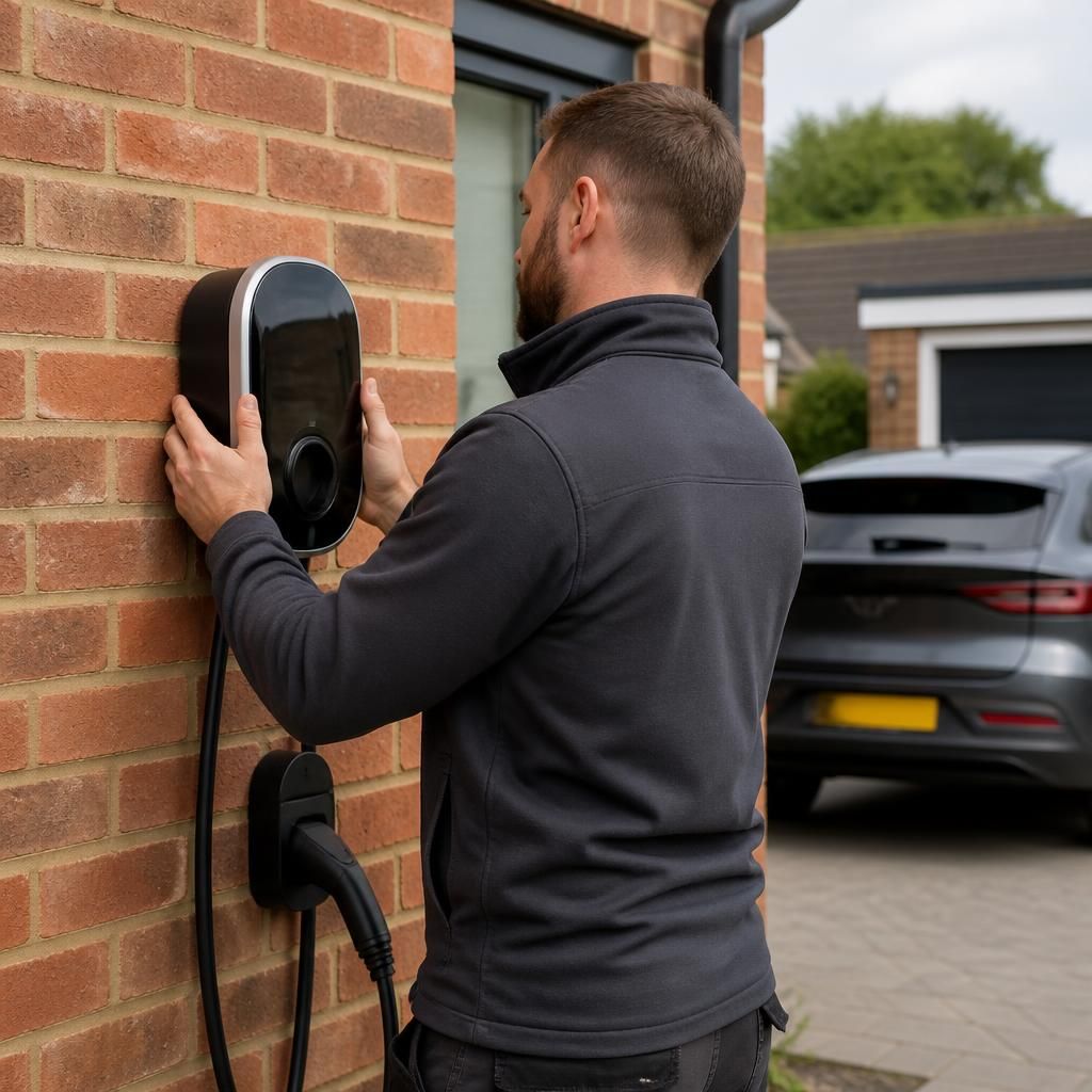 Engineer mounting an electric vehicle charger on an exterior wall beside a driveway