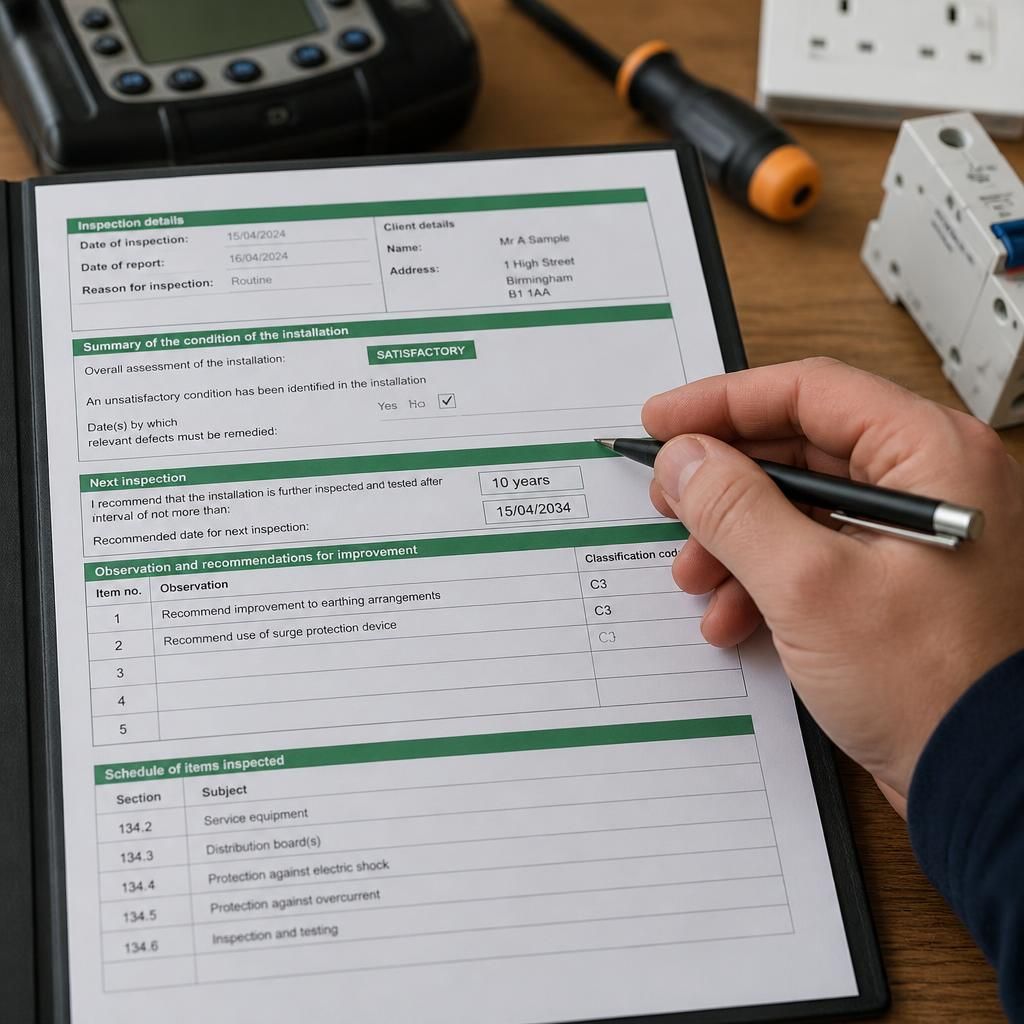 Electrical inspection report showing condition observations and recommended next inspection date