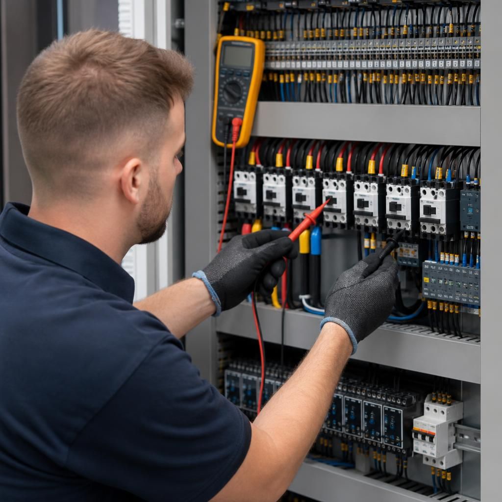 Technician checking electrical connections in a control panel