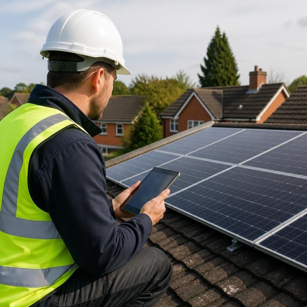 An electrical professional assessing a solar panel installation