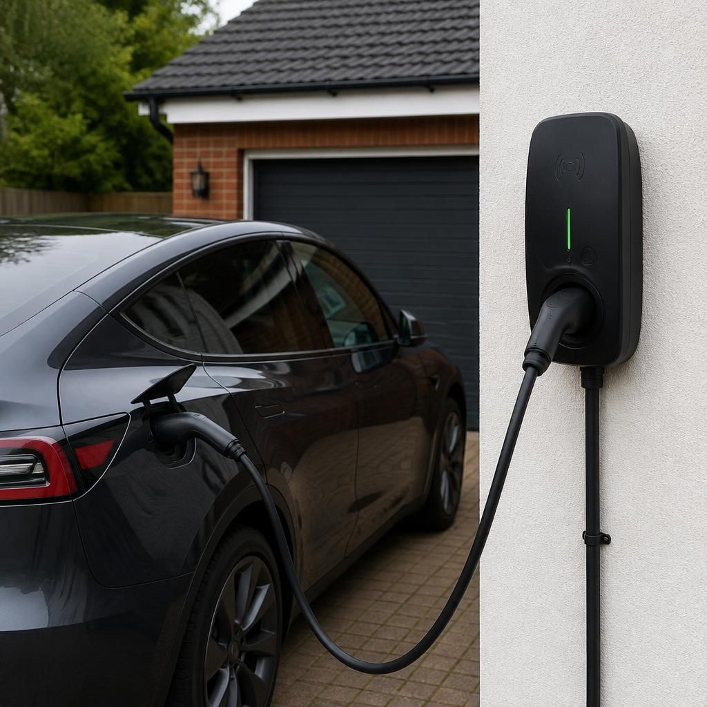 Wall-mounted EV charger beside a parked electric car on a residential driveway