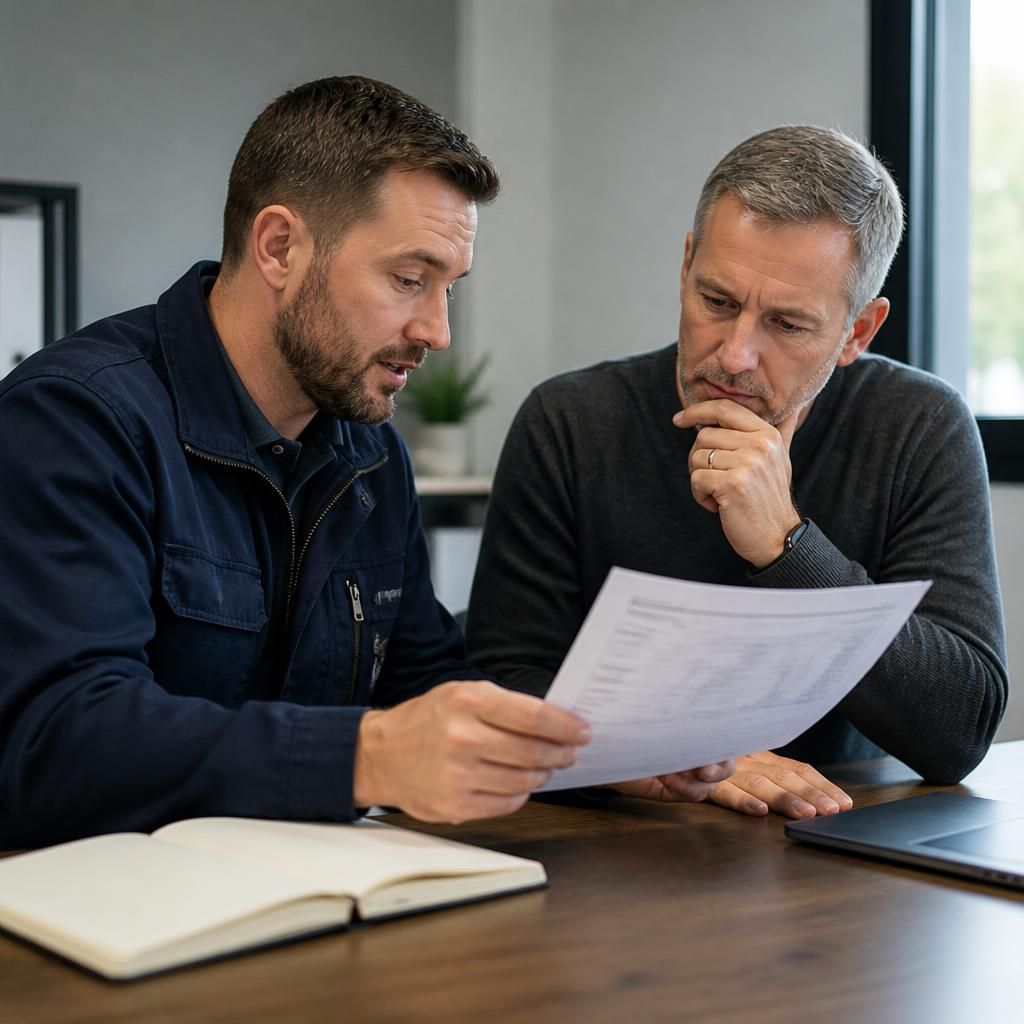Electrician reviewing a written electrical quotation with a customer at a desk