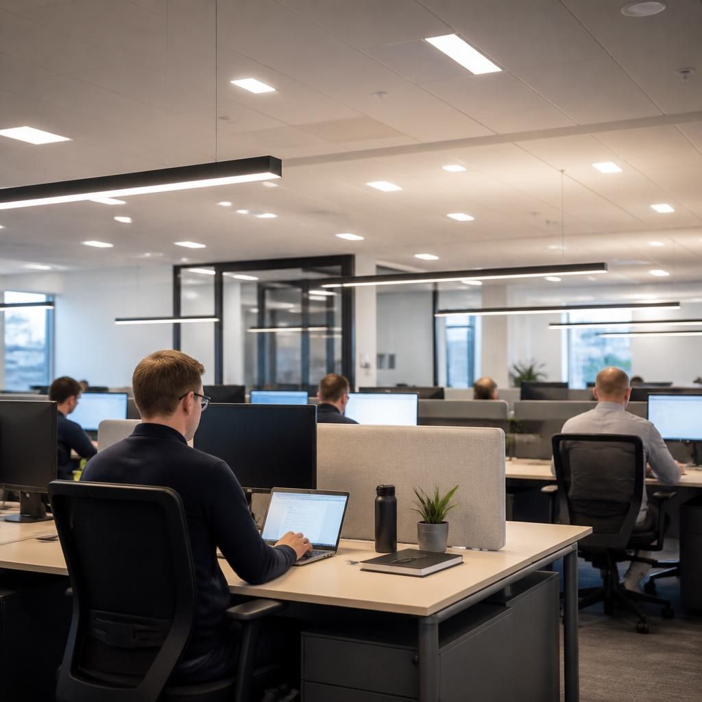 Office workstations beneath commercial lighting positioned to reduce reflections on screens