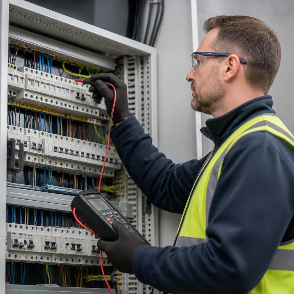 Electrician inspecting a commercial distribution board with electrical testing equipment