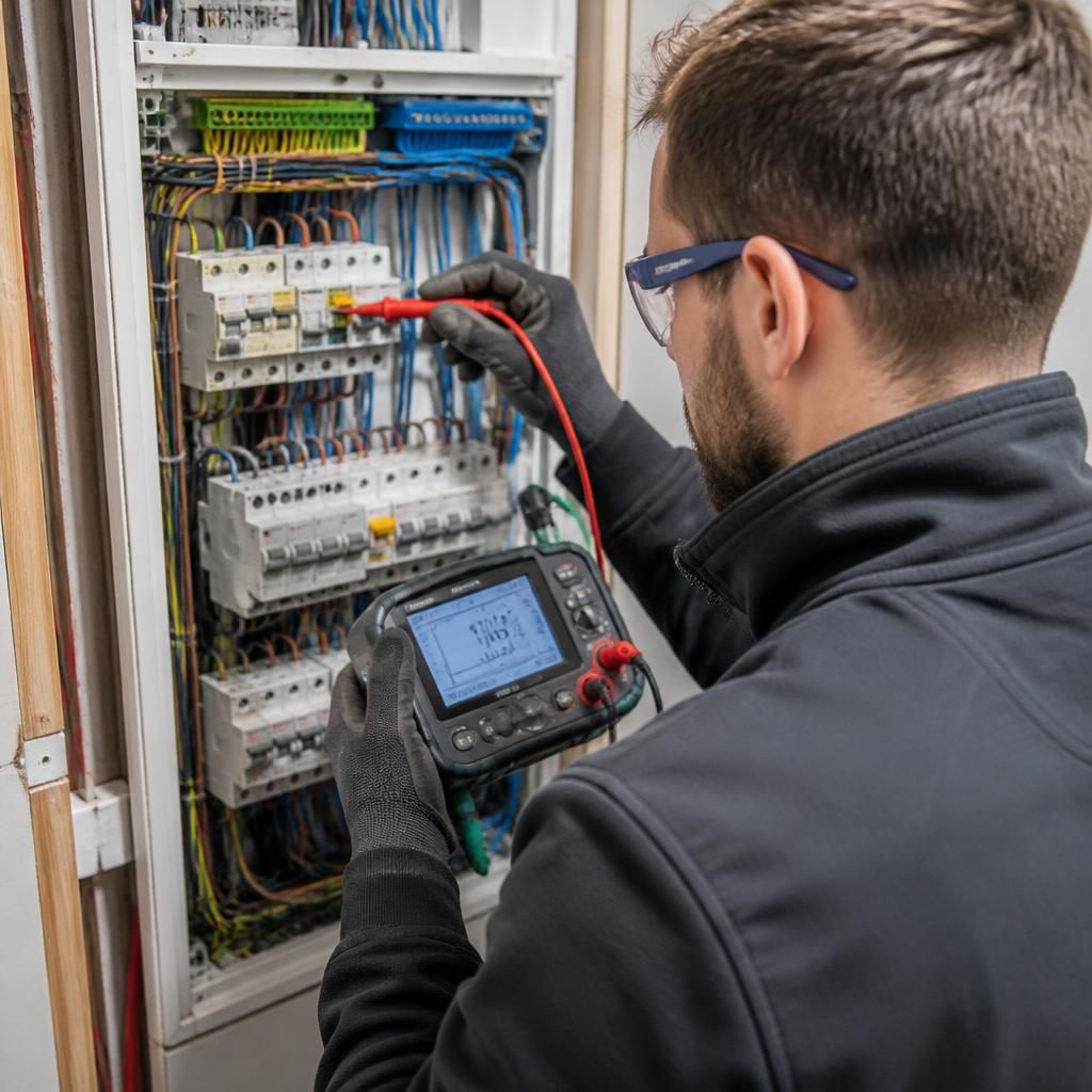 Electrician using a digital tester to check an electrical circuit