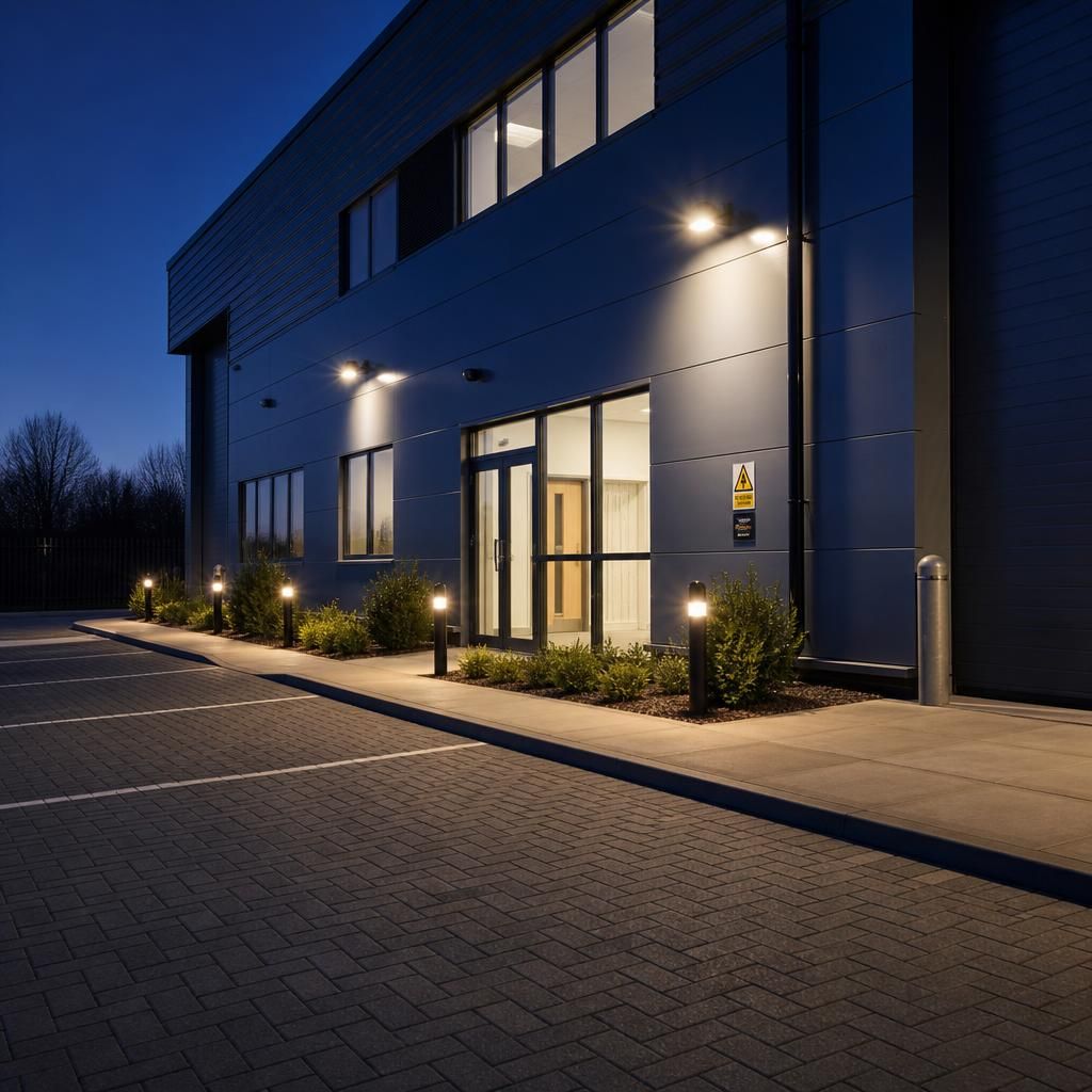 Commercial outdoor lighting integrated with a business exterior