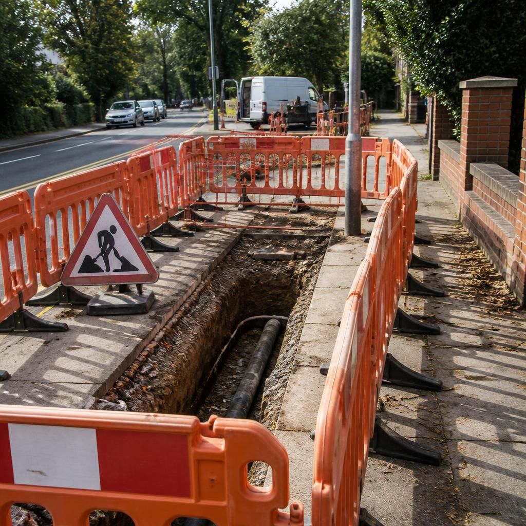 Barriers and warning signs around a street lighting excavation beside a pedestrian route