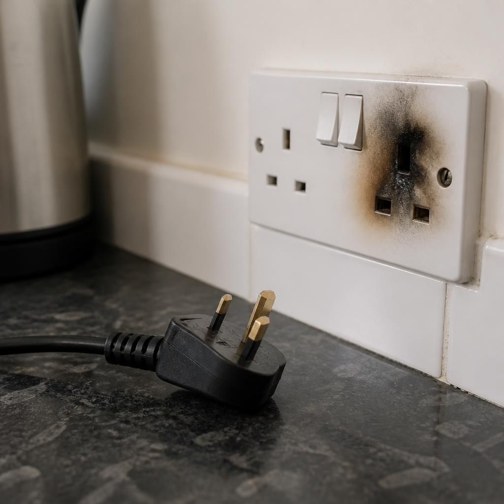 Unplugged appliance beside a damaged electrical socket
