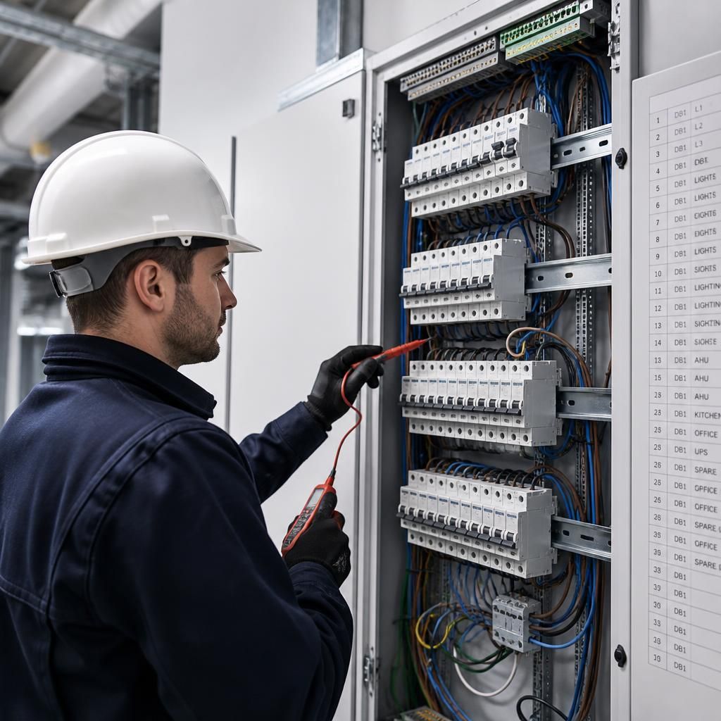 Electrician inspecting a commercial distribution board beside labelled electrical circuits