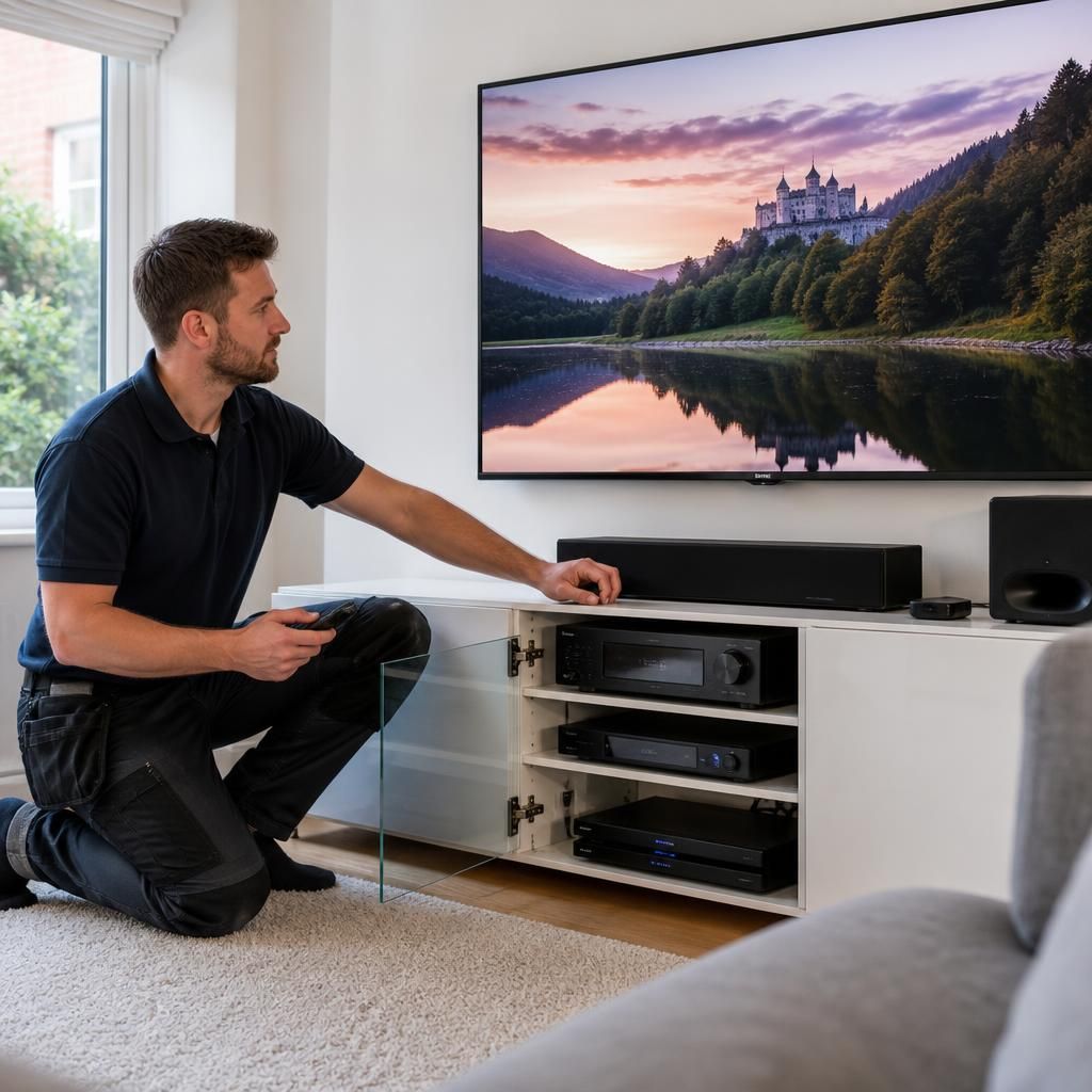 Electrician testing television picture, sound and connected AV equipment