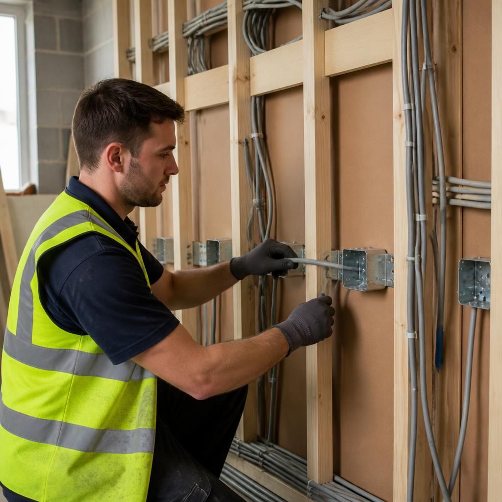 Electrician installing first fix wiring within a wall before plastering