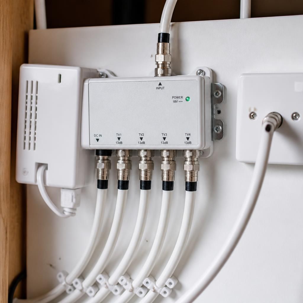 Television aerial distribution amplifier with coaxial cables connected