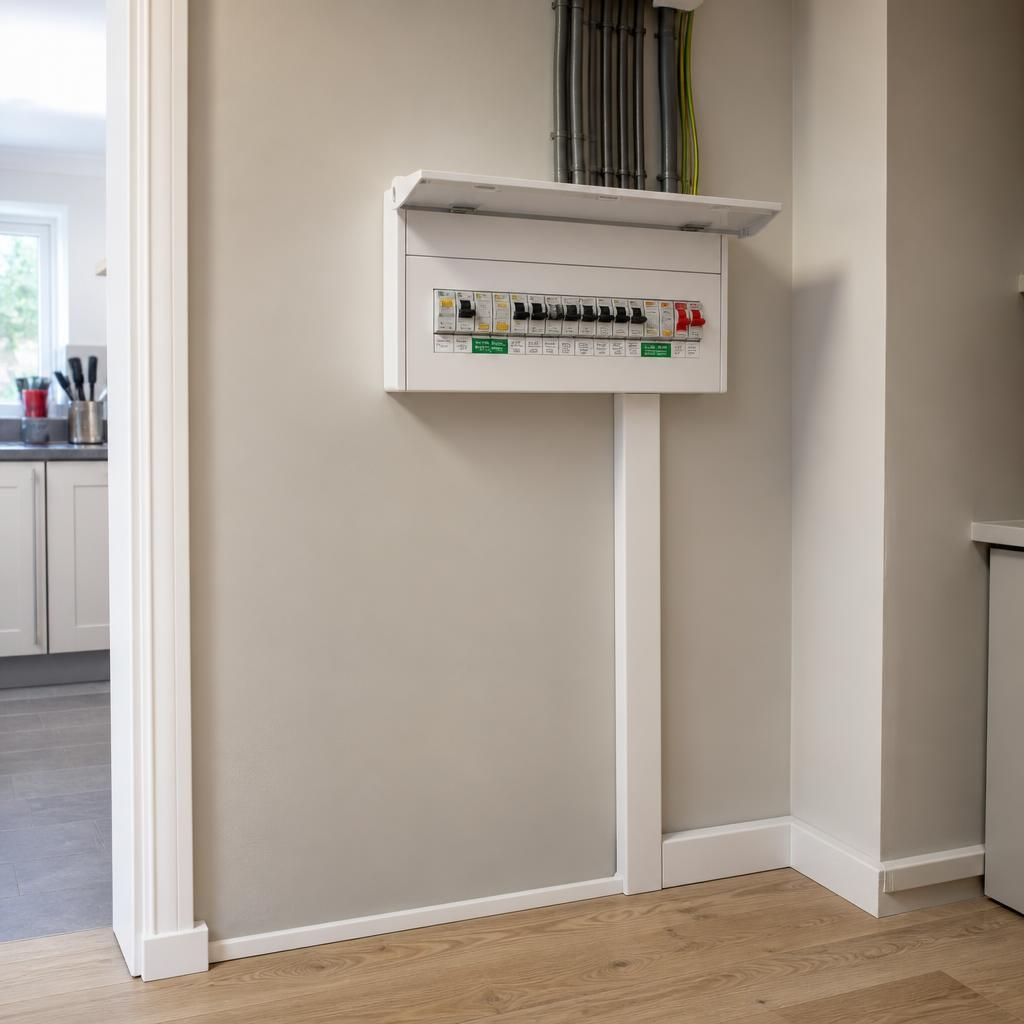 Clear access around a wall-mounted consumer unit with nearby items removed
