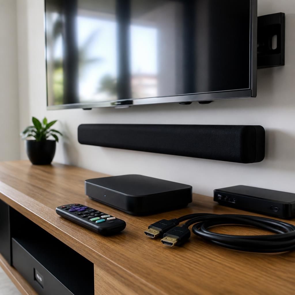 Television with wall bracket, soundbar, HDMI cables and streaming device