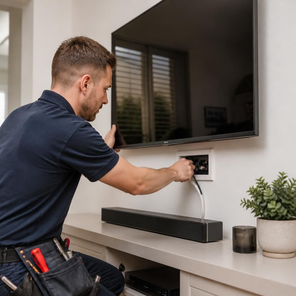 Qualified electrician securing a wall-mounted television and checking connected cables