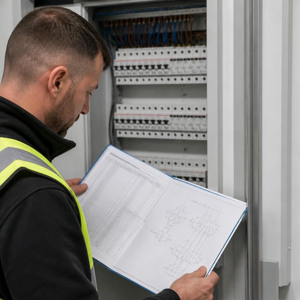 Electrician reviewing a distribution board schedule and circuit diagram