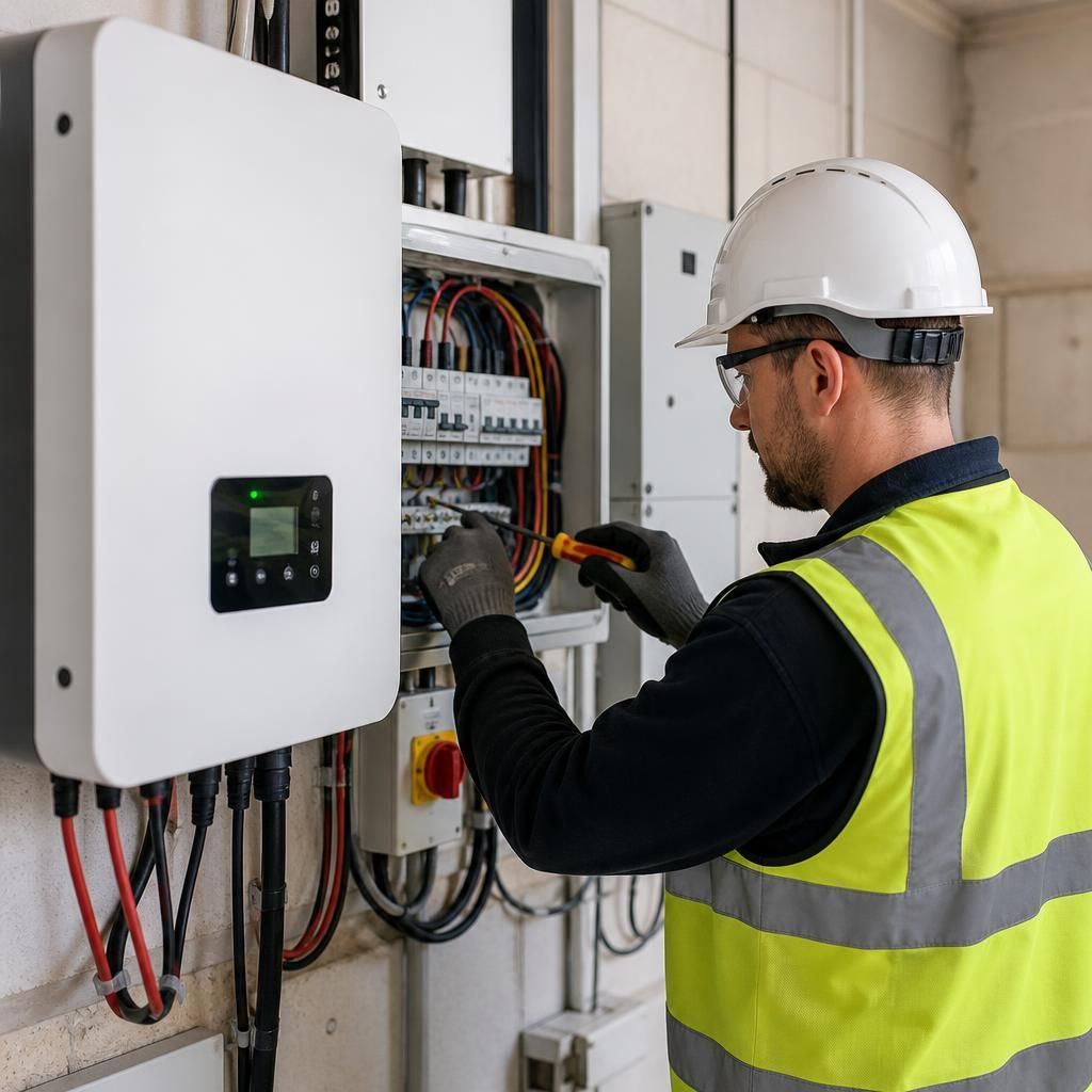 Qualified electrician working on electrical equipment for a solar panel installation