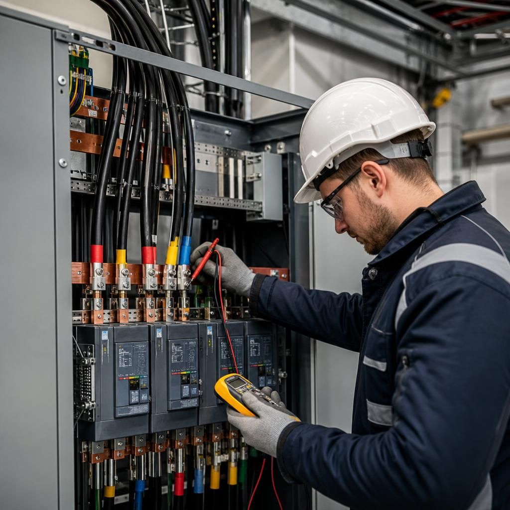 Electrician inspecting industrial three-phase cabling and electrical equipment