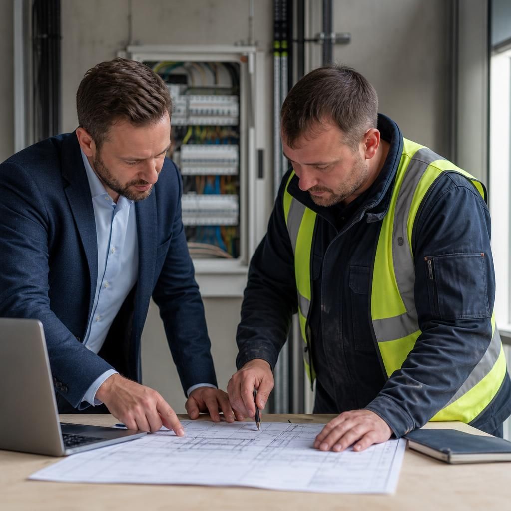 Business manager reviewing electrical plans with a commercial electrician at a site desk