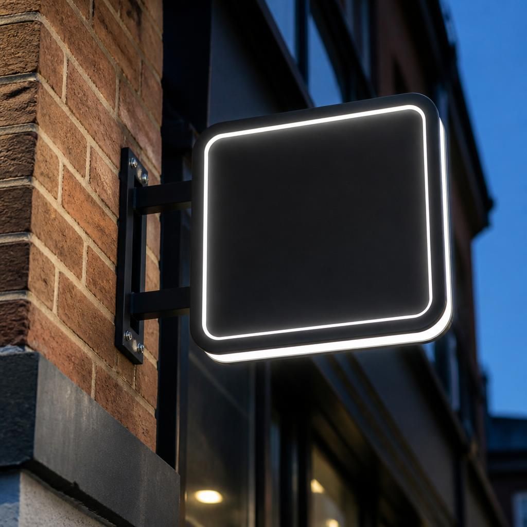 LED illuminated projecting sign positioned beside a commercial premises