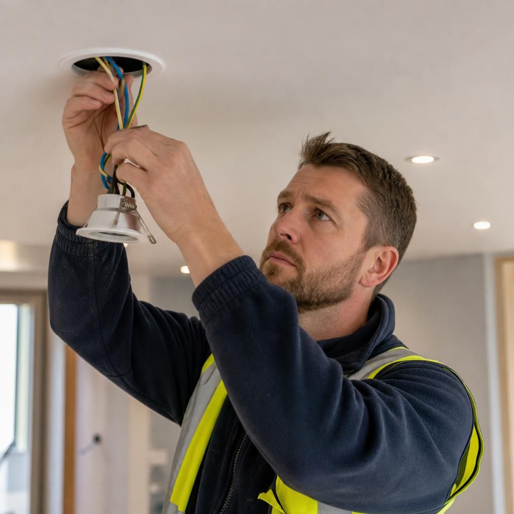 Electrician inspecting wiring for a lighting project