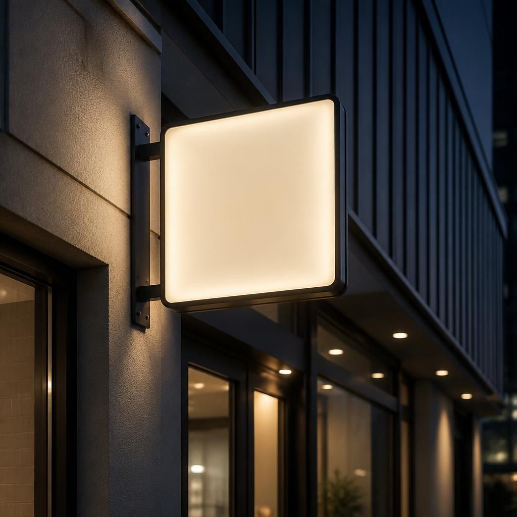 LED-lit projecting sign mounted neatly beside a commercial entrance