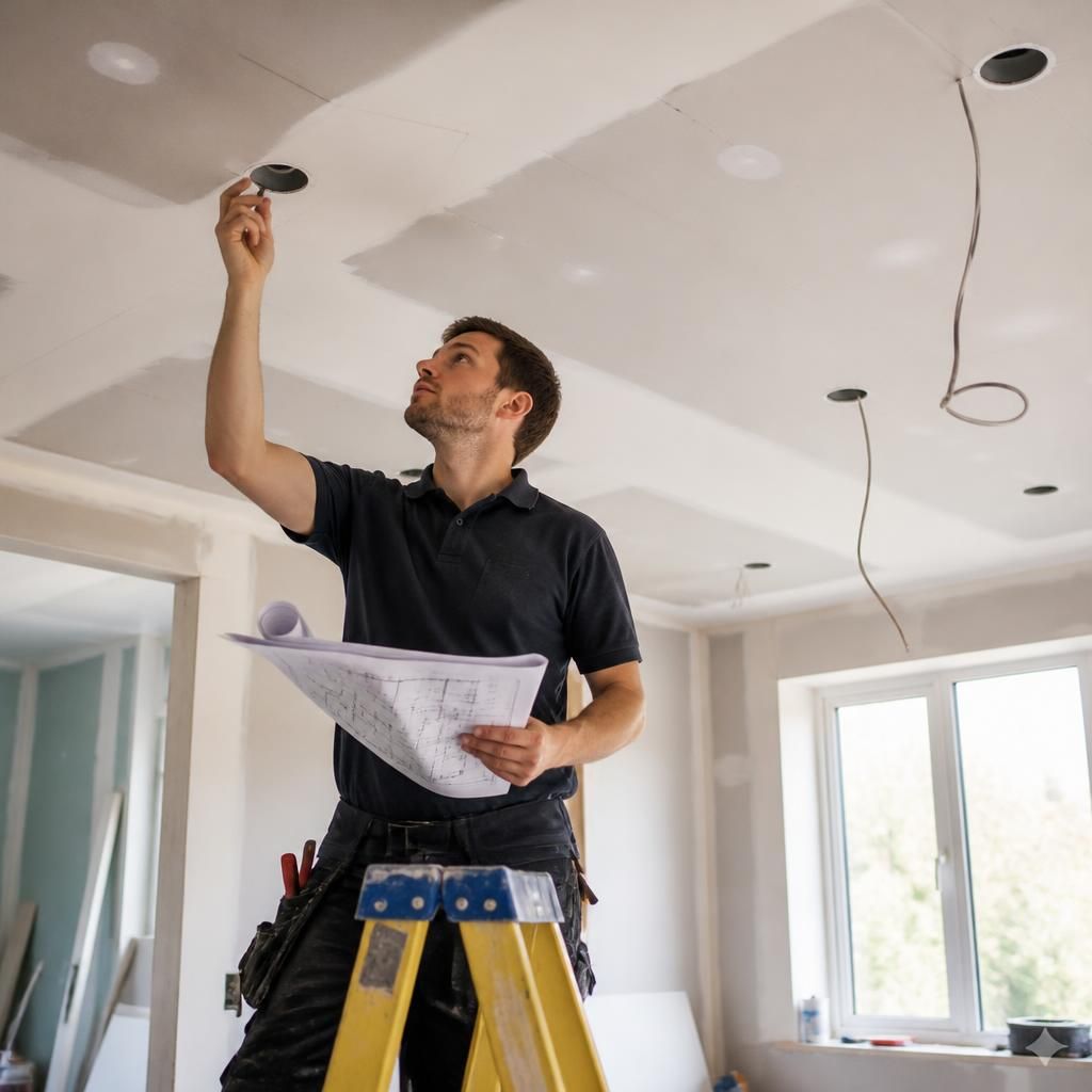 Electrician planning lighting positions during a home renovation