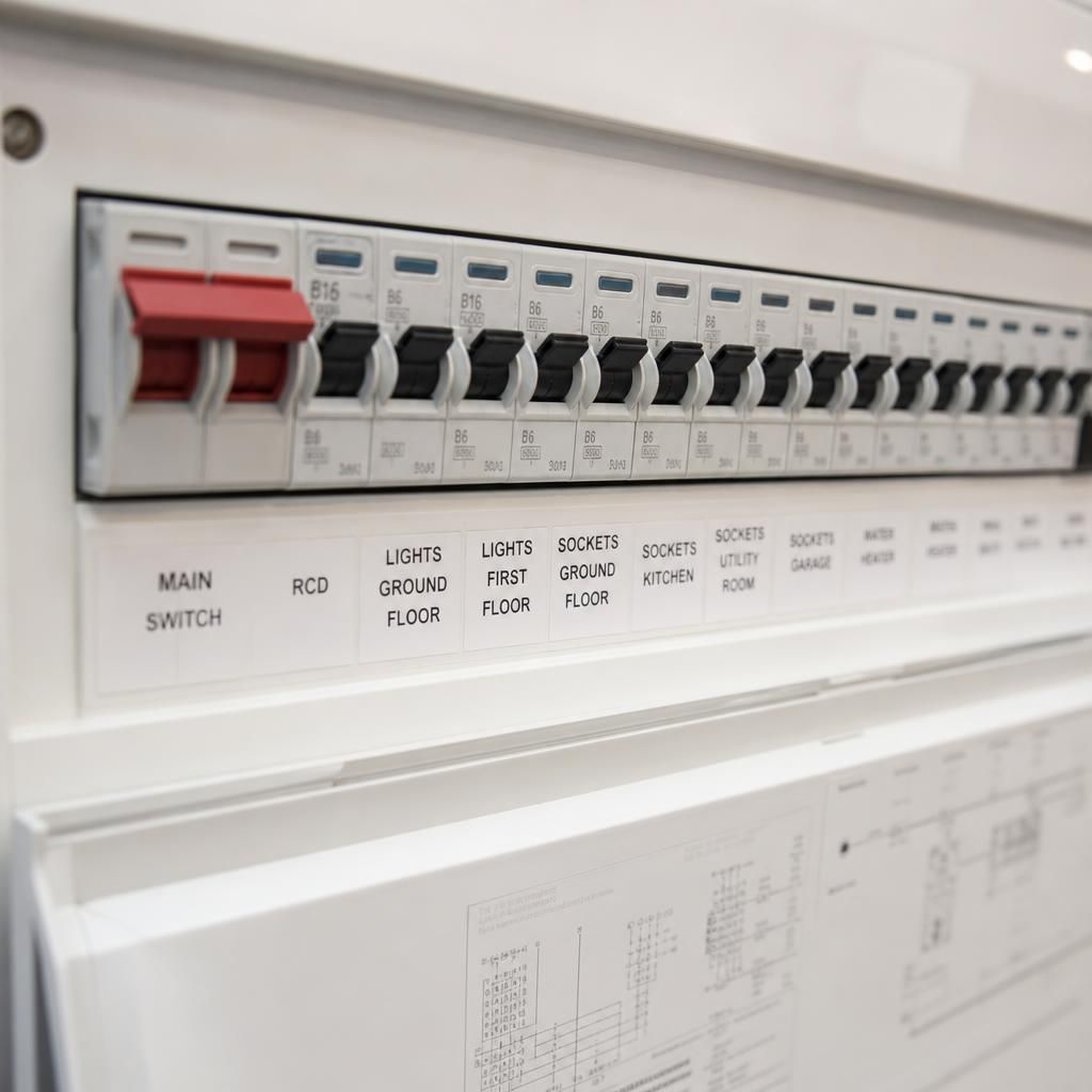 Close-up of labelled circuit ways on an electricity panel board