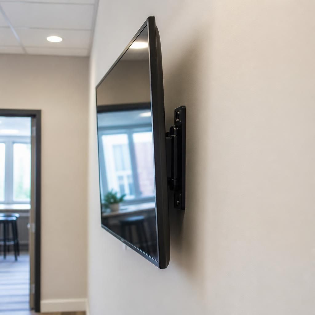 Wall-mounted television secured to a plasterboard partition with a slim bracket